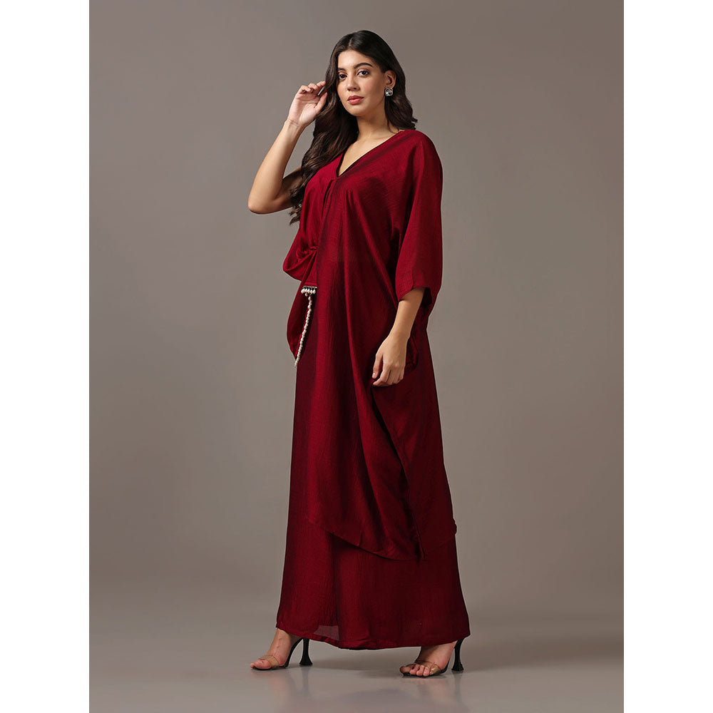 "Two Sisters" by Gyans Maroon Asymmetrical Top with Flared Pants (Set of 2)