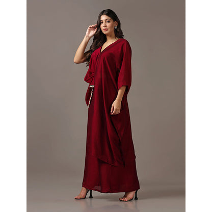 "Two Sisters" by Gyans Maroon Asymmetrical Top with Flared Pants (Set of 2)