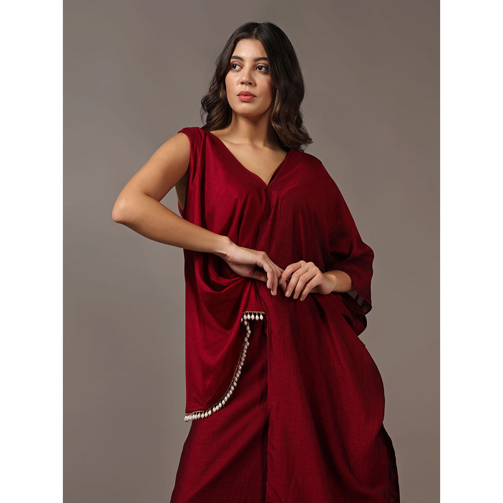 "Two Sisters" by Gyans Maroon Asymmetrical Top with Flared Pants (Set of 2)