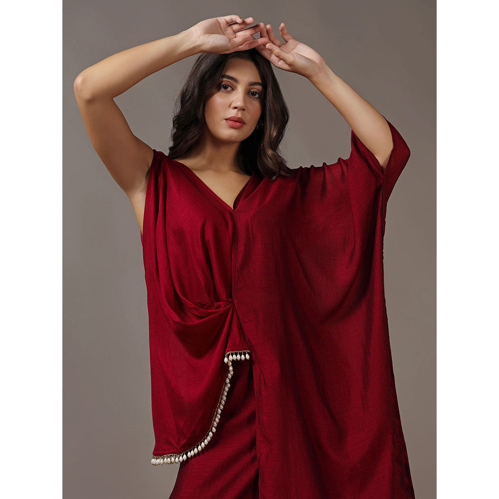 "Two Sisters" by Gyans Maroon Asymmetrical Top with Flared Pants (Set of 2)