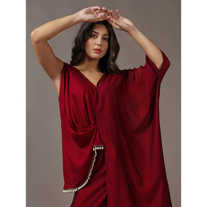 "Two Sisters" by Gyans Maroon Asymmetrical Top with Flared Pants (Set of 2)