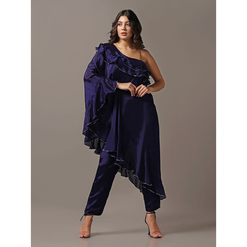 "Two Sisters" by Gyans Navy Blue One Shoulder Frilled Top with Pants (Set of 2)