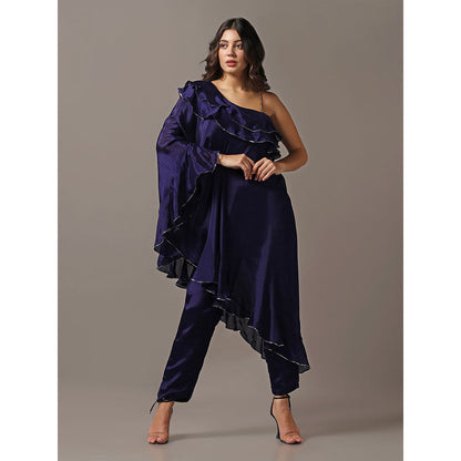 "Two Sisters" by Gyans Navy Blue One Shoulder Frilled Top with Pants (Set of 2)