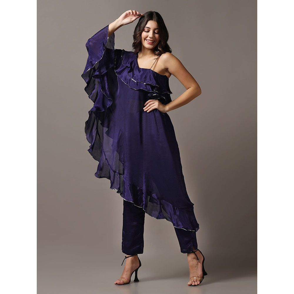 "Two Sisters" by Gyans Navy Blue One Shoulder Frilled Top with Pants (Set of 2)