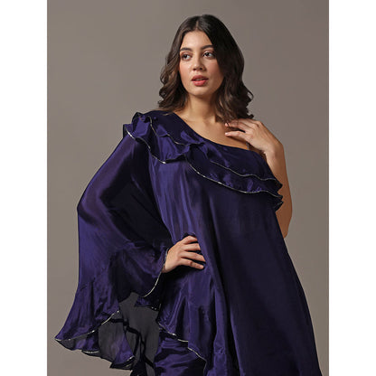 "Two Sisters" by Gyans Navy Blue One Shoulder Frilled Top with Pants (Set of 2)