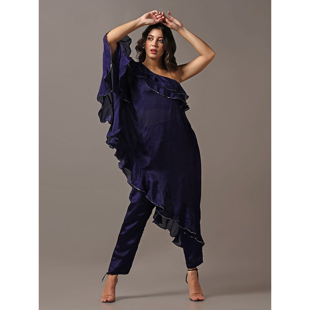 "Two Sisters" by Gyans Navy Blue One Shoulder Frilled Top with Pants (Set of 2)