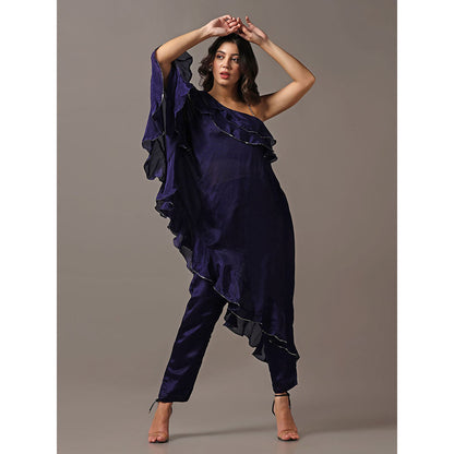 "Two Sisters" by Gyans Navy Blue One Shoulder Frilled Top with Pants (Set of 2)