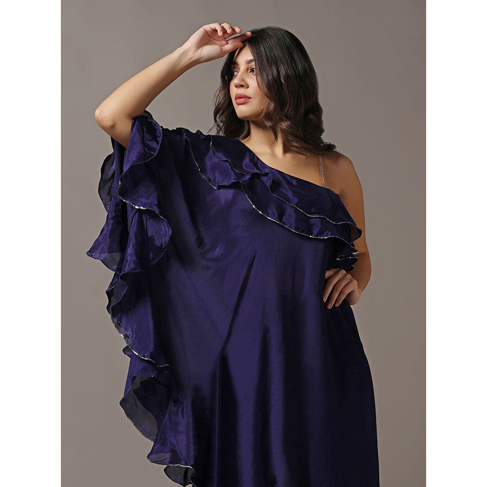 "Two Sisters" by Gyans Navy Blue One Shoulder Frilled Top with Pants (Set of 2)