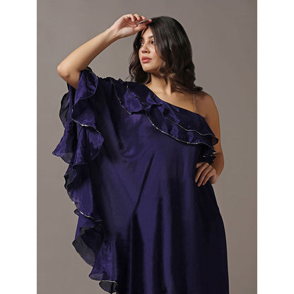 "Two Sisters" by Gyans Navy Blue One Shoulder Frilled Top with Pants (Set of 2)