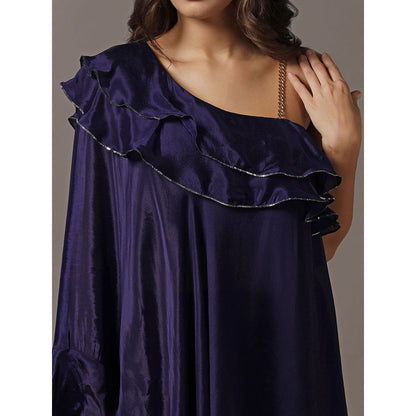 "Two Sisters" by Gyans Navy Blue One Shoulder Frilled Top with Pants (Set of 2)