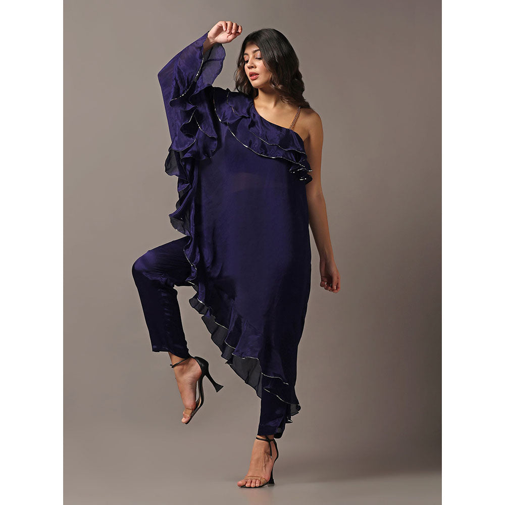 "Two Sisters" by Gyans Navy Blue One Shoulder Frilled Top with Pants (Set of 2)