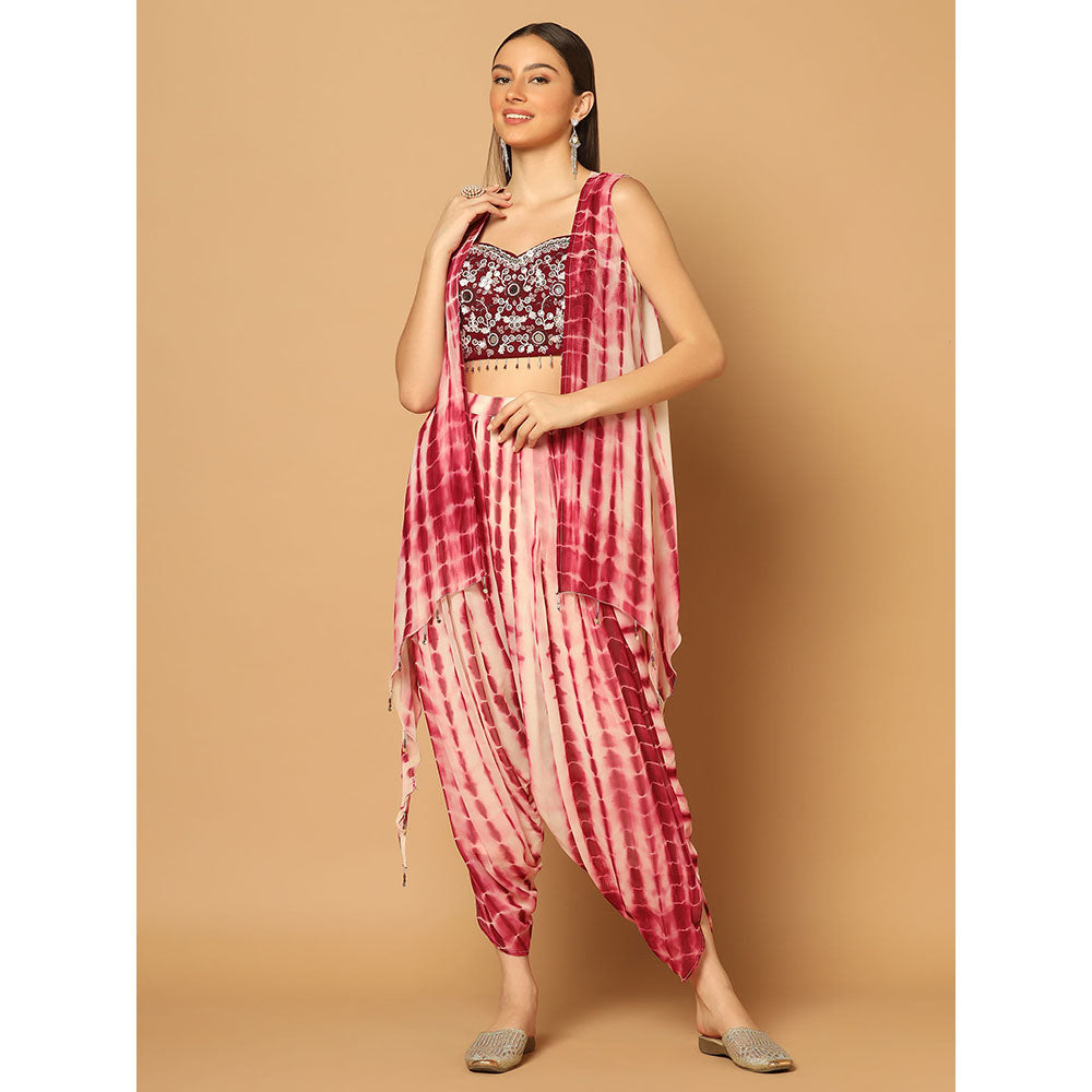 "Two Sisters" by Gyans Maroon Tie & Dye Dhoti Cape Set (Set of 3)