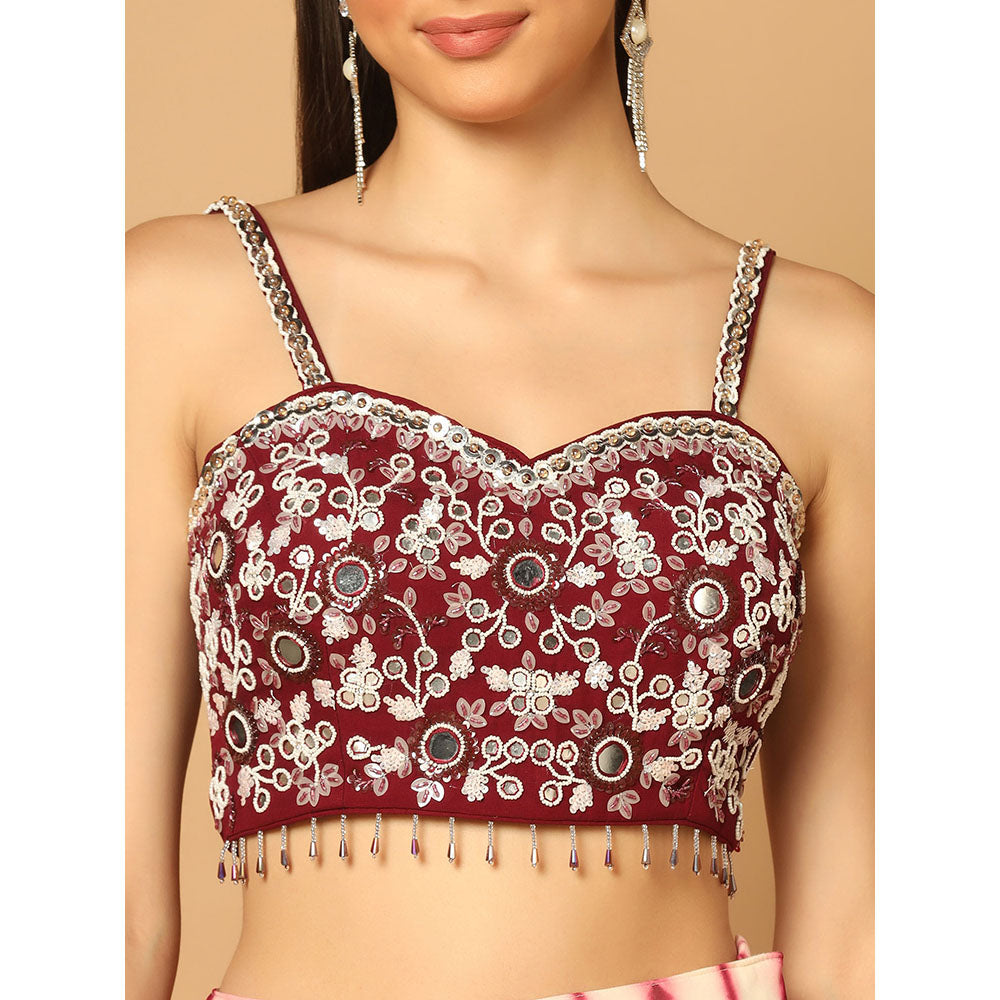 "Two Sisters" by Gyans Maroon Tie & Dye Dhoti Cape Set (Set of 3)