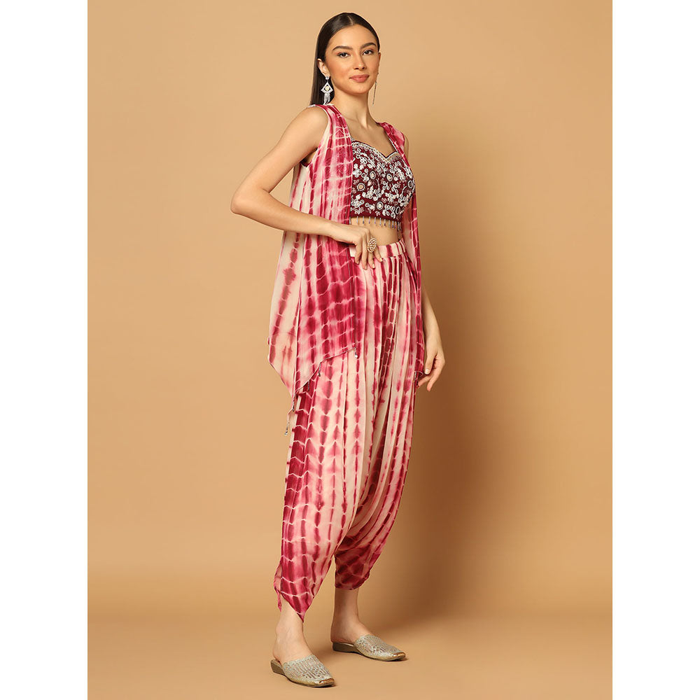 "Two Sisters" by Gyans Maroon Tie & Dye Dhoti Cape Set (Set of 3)