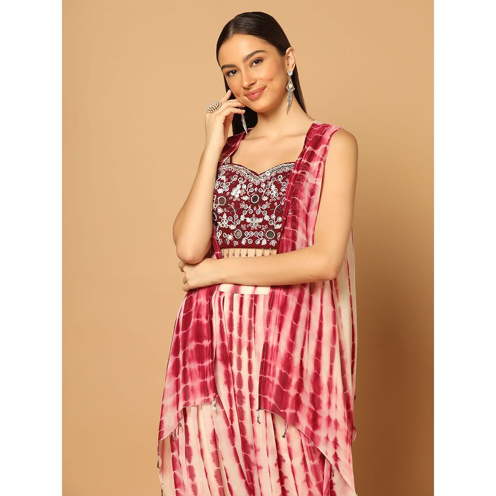 "Two Sisters" by Gyans Maroon Tie & Dye Dhoti Cape Set (Set of 3)