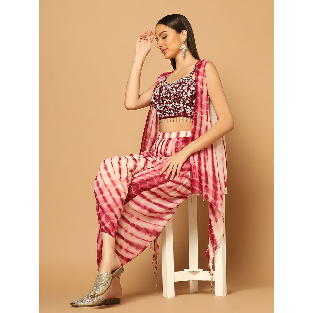 "Two Sisters" by Gyans Maroon Tie & Dye Dhoti Cape Set (Set of 3)