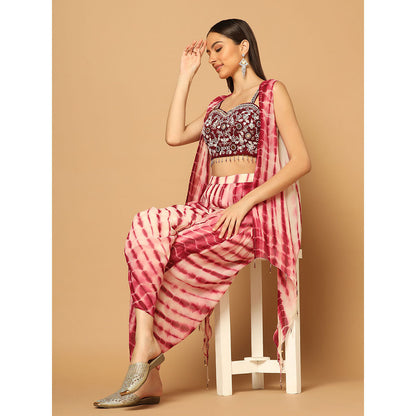 "Two Sisters" by Gyans Maroon Tie & Dye Dhoti Cape Set (Set of 3)