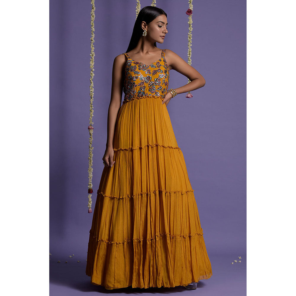 "Two Sisters" by Gyans Mustard with Multi coloured Sequins Embroidered Gown