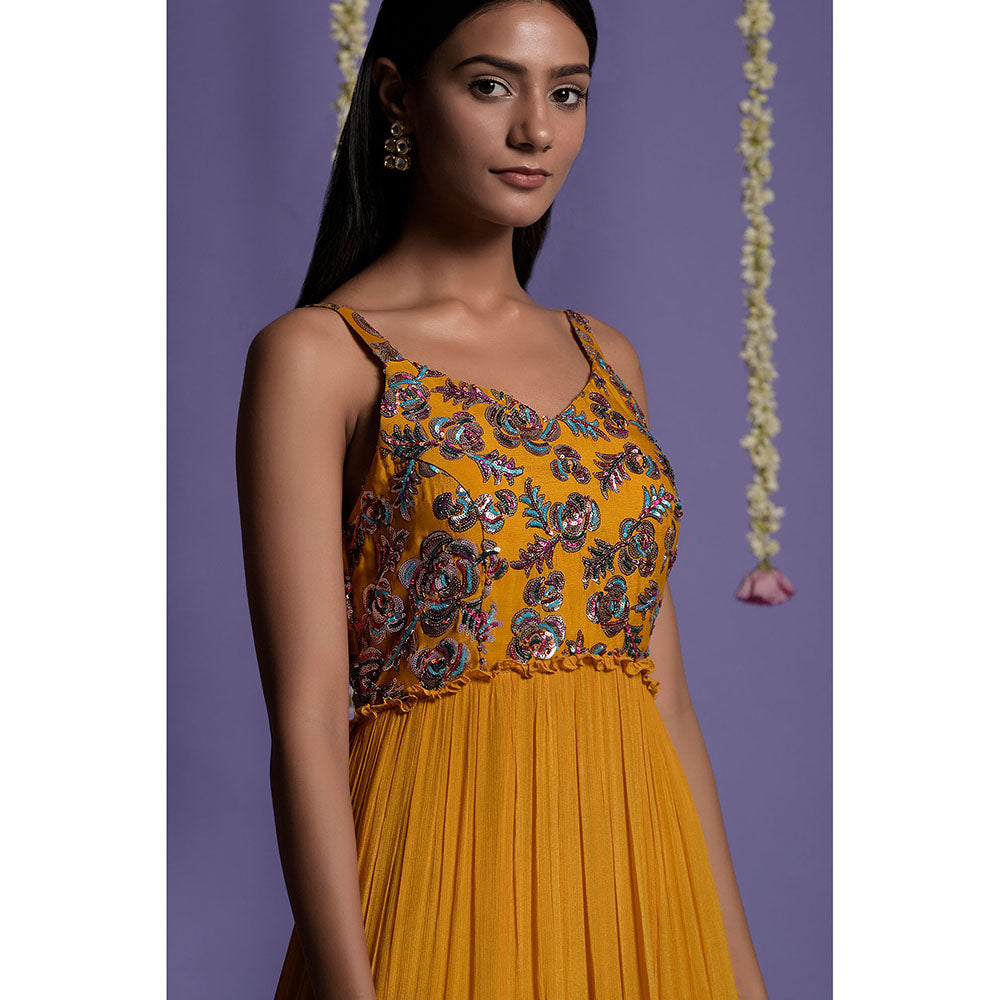 "Two Sisters" by Gyans Mustard with Multi coloured Sequins Embroidered Gown