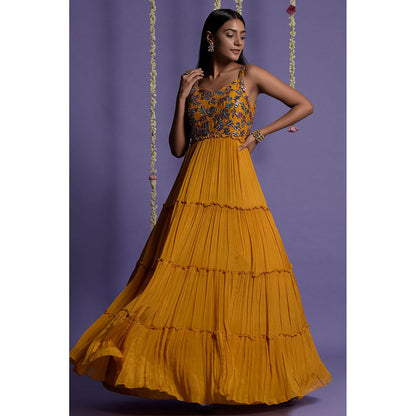"Two Sisters" by Gyans Mustard with Multi coloured Sequins Embroidered Gown