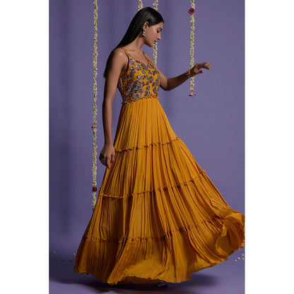 "Two Sisters" by Gyans Mustard with Multi coloured Sequins Embroidered Gown