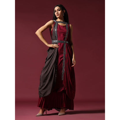 "Two Sisters" by Gyans Maroon and Grey Draped Cape Set with Belt (Set of 3)