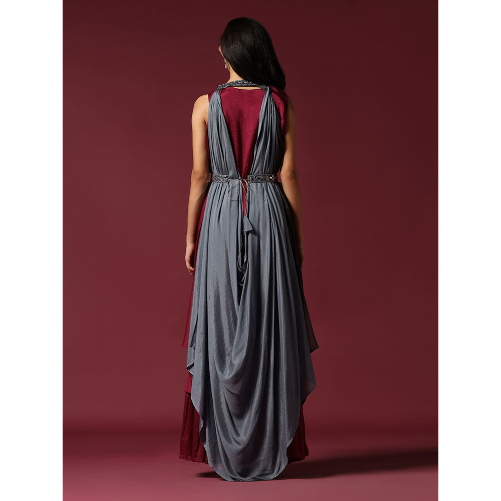 "Two Sisters" by Gyans Maroon and Grey Draped Cape Set with Belt (Set of 3)