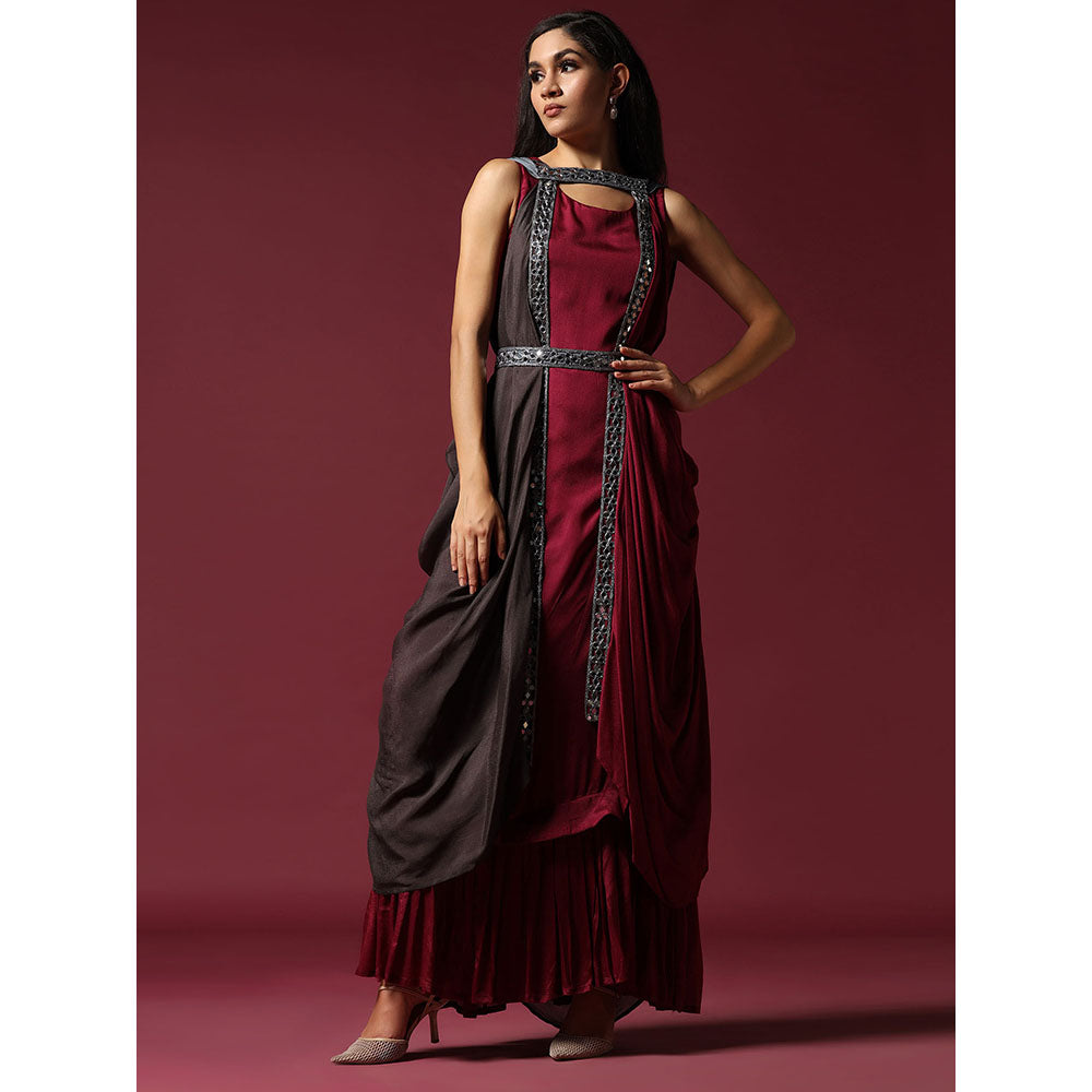 "Two Sisters" by Gyans Maroon and Grey Draped Cape Set with Belt (Set of 3)