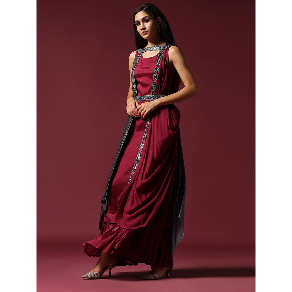 "Two Sisters" by Gyans Maroon and Grey Draped Cape Set with Belt (Set of 3)
