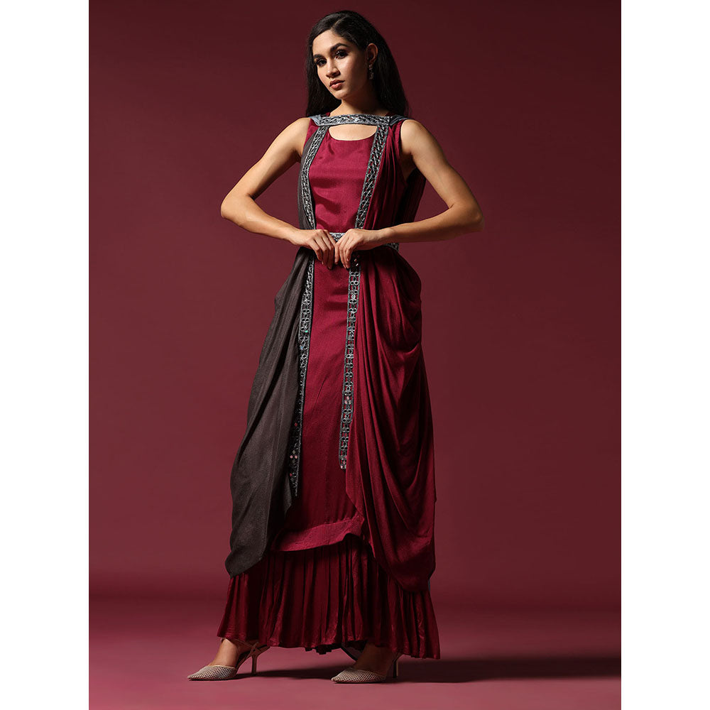 "Two Sisters" by Gyans Maroon and Grey Draped Cape Set with Belt (Set of 3)