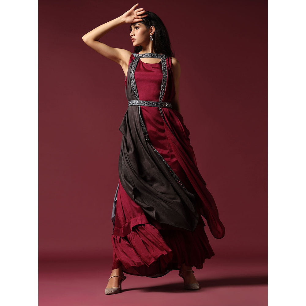 "Two Sisters" by Gyans Maroon and Grey Draped Cape Set with Belt (Set of 3)