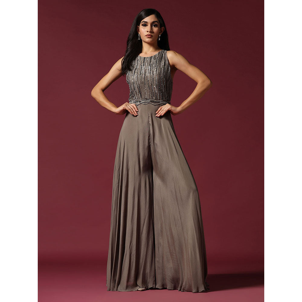 "Two Sisters" by Gyans Grey Chiffon Hand Embroidered Jumpsuit (Set of 2)