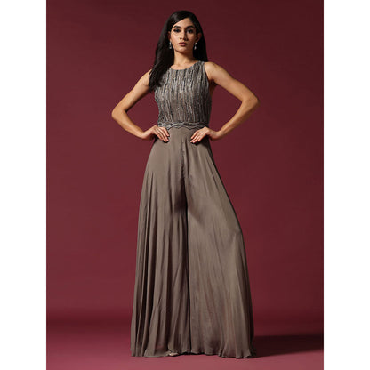 "Two Sisters" by Gyans Grey Chiffon Hand Embroidered Jumpsuit (Set of 2)