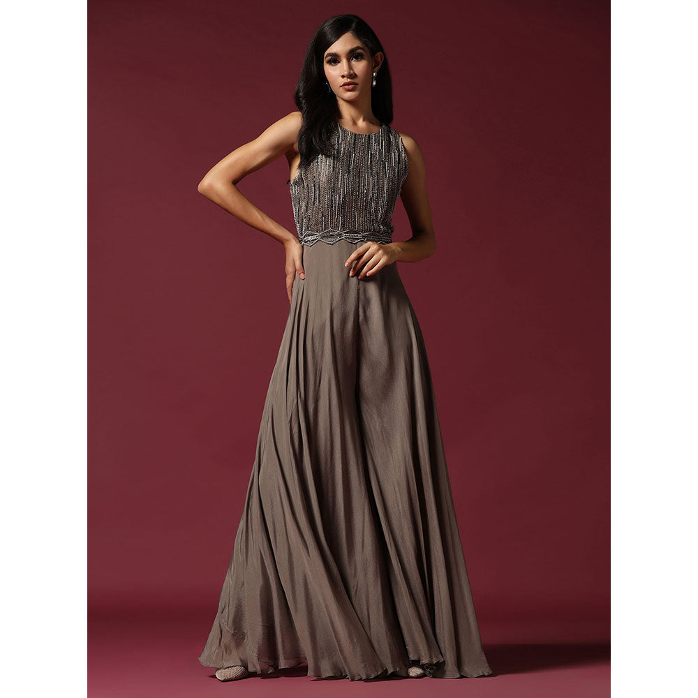 "Two Sisters" by Gyans Grey Chiffon Hand Embroidered Jumpsuit (Set of 2)