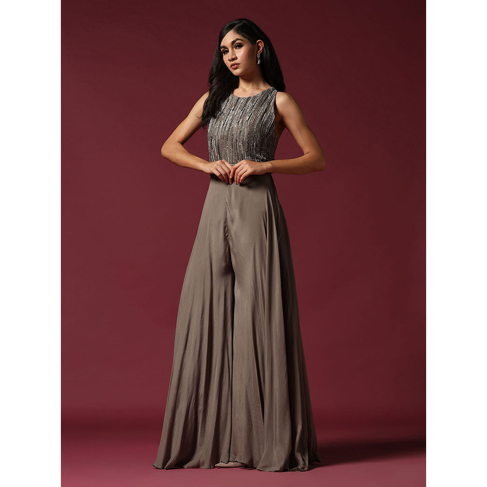 "Two Sisters" by Gyans Grey Chiffon Hand Embroidered Jumpsuit (Set of 2)