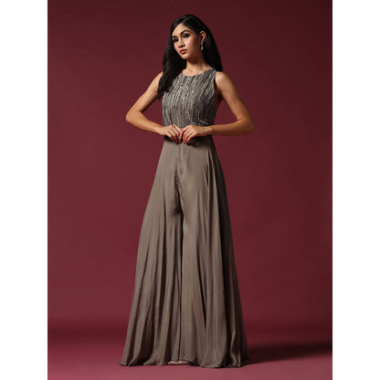 "Two Sisters" by Gyans Grey Chiffon Hand Embroidered Jumpsuit (Set of 2)