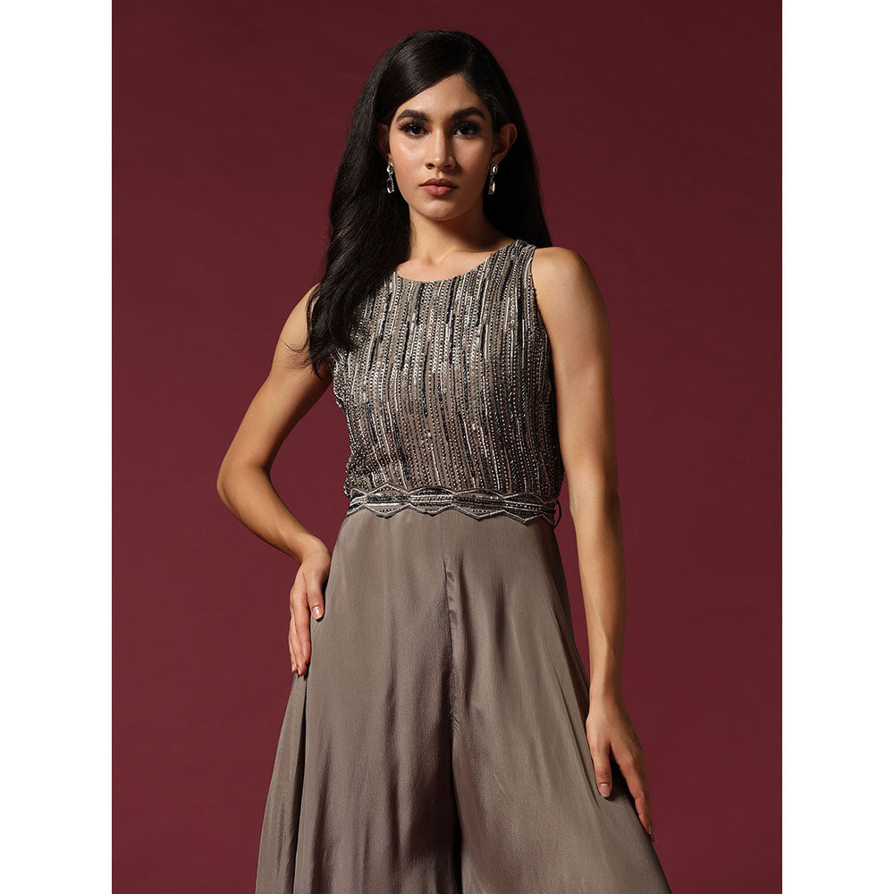 "Two Sisters" by Gyans Grey Chiffon Hand Embroidered Jumpsuit (Set of 2)