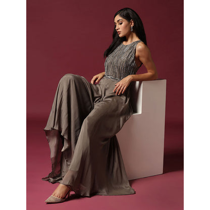 "Two Sisters" by Gyans Grey Chiffon Hand Embroidered Jumpsuit (Set of 2)