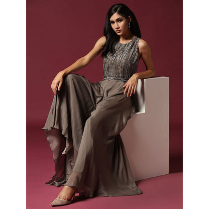 "Two Sisters" by Gyans Grey Chiffon Hand Embroidered Jumpsuit (Set of 2)