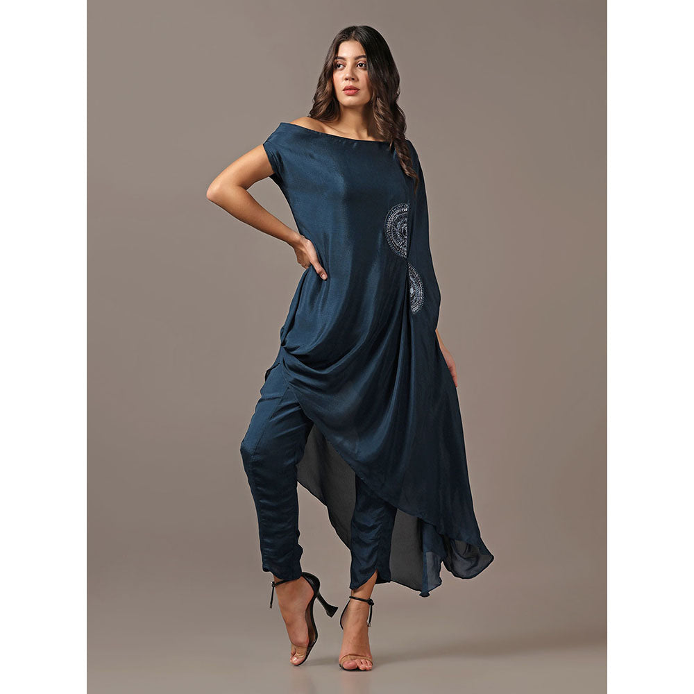 "Two Sisters" by Gyans Teal One Shoulder Drape Top with Pants (Set of 2)