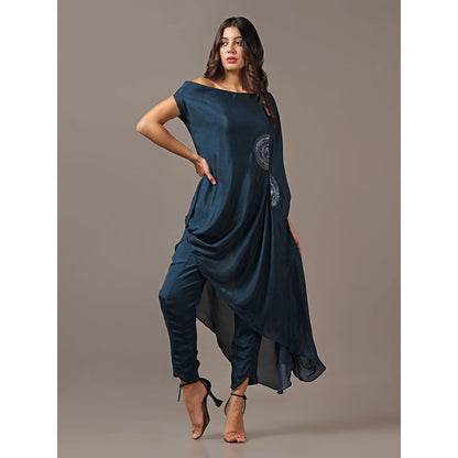 "Two Sisters" by Gyans Teal One Shoulder Drape Top with Pants (Set of 2)