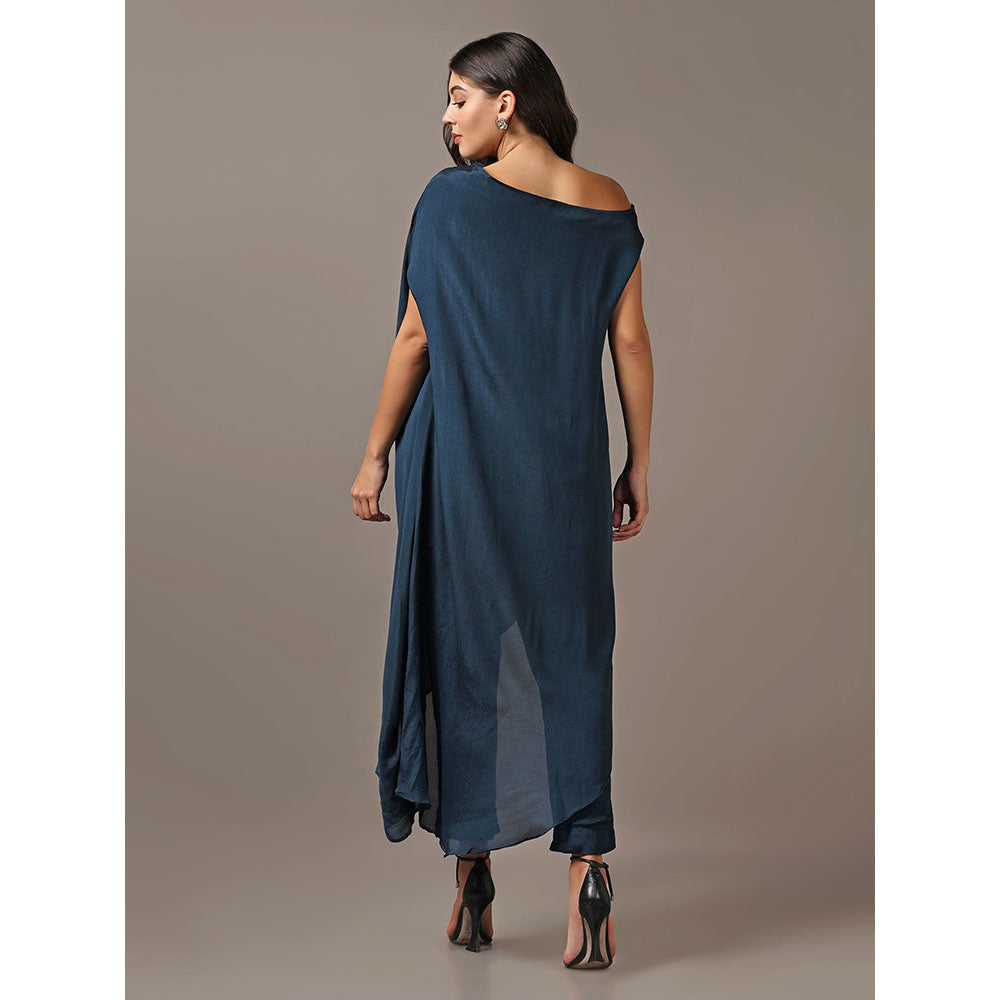 "Two Sisters" by Gyans Teal One Shoulder Drape Top with Pants (Set of 2)