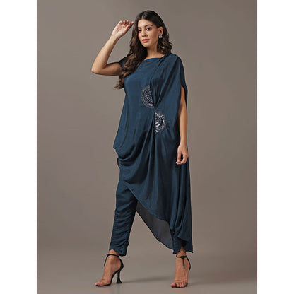"Two Sisters" by Gyans Teal One Shoulder Drape Top with Pants (Set of 2)