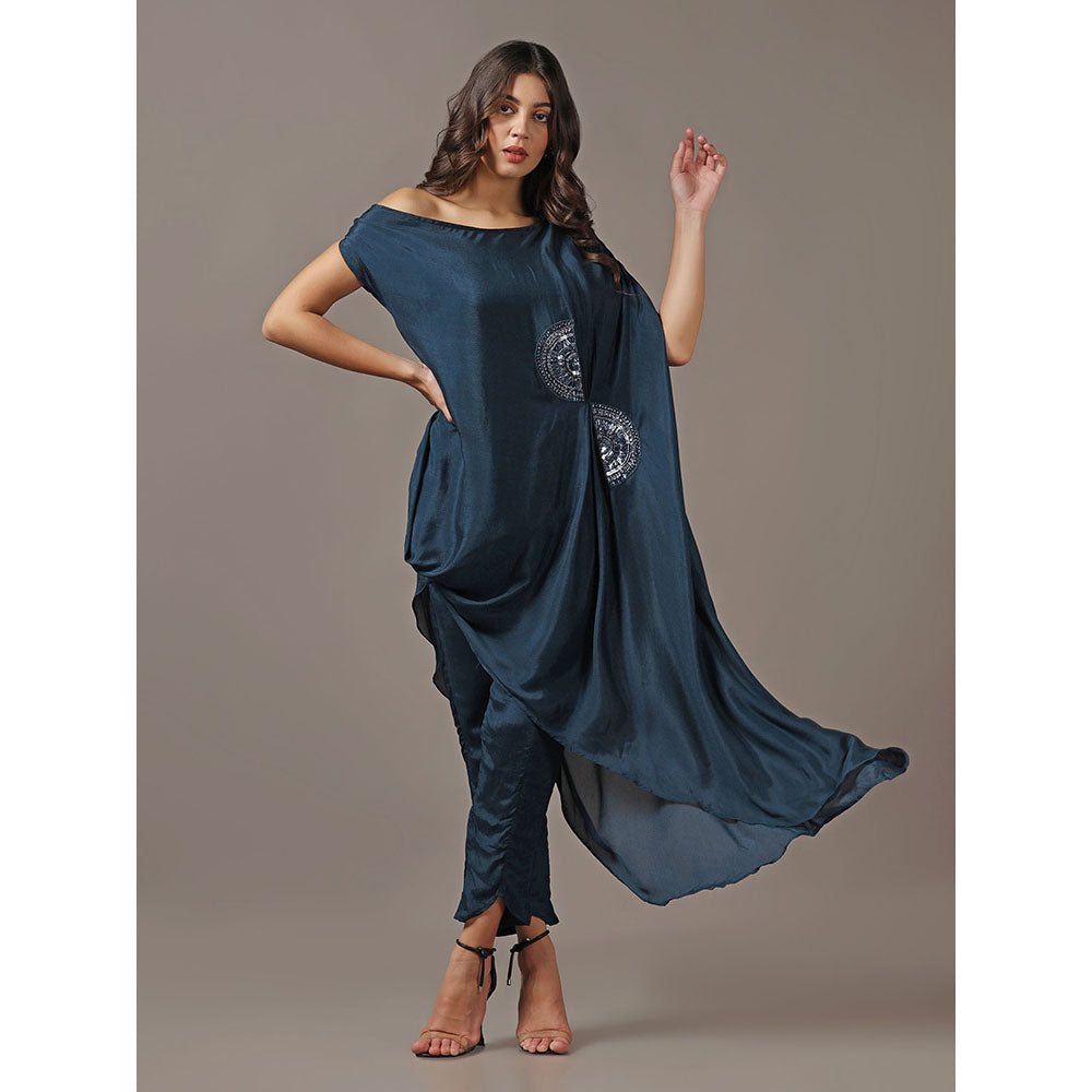 "Two Sisters" by Gyans Teal One Shoulder Drape Top with Pants (Set of 2)