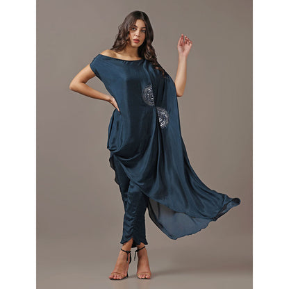 "Two Sisters" by Gyans Teal One Shoulder Drape Top with Pants (Set of 2)