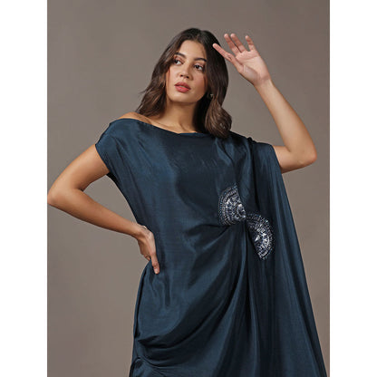 "Two Sisters" by Gyans Teal One Shoulder Drape Top with Pants (Set of 2)