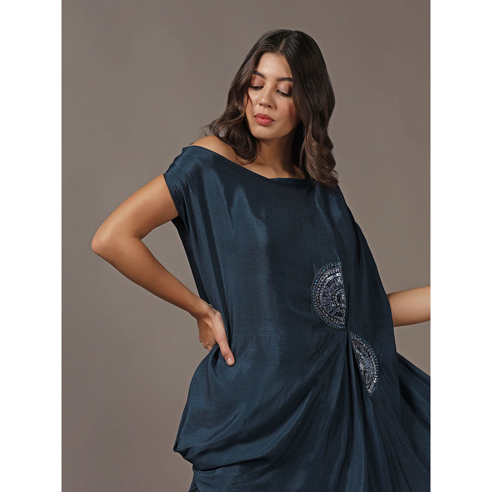 "Two Sisters" by Gyans Teal One Shoulder Drape Top with Pants (Set of 2)