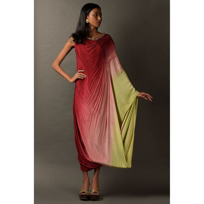 "Two Sisters" by Gyans Multicolored Ombre Satin Embroidered Dress (Set of 2)