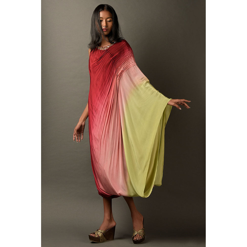"Two Sisters" by Gyans Multicolored Ombre Satin Embroidered Dress (Set of 2)