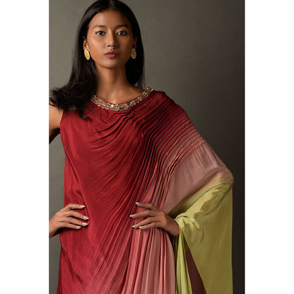 "Two Sisters" by Gyans Multicolored Ombre Satin Embroidered Dress (Set of 2)